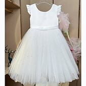 cheap Flower Girl&#039;s Dresses-Flower Girl Dress Girls&#039; Princess Dress First Communion Dress Party Dress Formal Performance Wedding Princess Beautiful Ruched Mesh Solid Color Sleeveless V Neck White Pink 2-9 Years