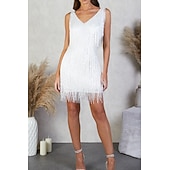 billiga Paljettklänningar-dam festklänning fransklänning kort miniklänning vitguld ärmlös ren färg tofs fransar vår sommar spaghetti band fest sexig gatsby fest 2023 s m l xl xxl / vinter