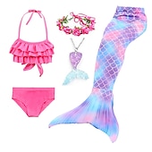 voordelige Zeemeermin badpak-Kinderen Voor meisjes Vijf stuk Zeemeermin zwemkleding Badmode Bikini Strand Zwemmen Regenboog Tie Dye leuke Style Badpakken 3-10 jaar Zomer Licht Blauw Kleurrijk