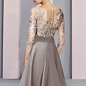 preiswerte Bodenlänge-A-Linie Brautmutterkleid Hochzeitsgast Elegantes Fest Scoop Ausschnitt Tee-Länge Satin Spitze Halbärmel mit Schleife(n) Applikationen 2025 kostenlose Sondergröße