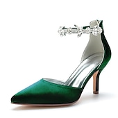 ieftine Formal-tocuri de nuntă cu vârf ascuțit din satin argintiu pentru femei – curea la gleznă cu strass și toc mijlociu elegant