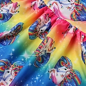 preiswerte 3D Einhorn Kleid-kinderkleidung Mädchen Kleid Karikatur Regenbogen Einhorn Kurzarm Leistung Casual Kostüm Süß Baumwolle Übers Knie Casual kleid A Linie Kleid Sommer Frühling 3-8 Jahre Blau
