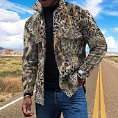 billiga skjortjacka för män-Herr Leopard Skjorta jacka Övertröja Långärmad Mode Streetwear Ledigt vardag Sport &amp; Utomhus Dagliga kläder Helgen Höst vinter Nedvikt Knappar Ficka Mönster Gul Blå Brun Grön
