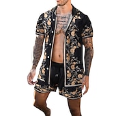 billiga Set med tryckta skjortor för män-Herr Blommig 2st Skjortor Set Hawaii skjorta Kortärmad Korta byxor Nedvikt Mode Hawaiisk Ledigt Utomhus Semester Strand 3D-utskrift Button-Down Sommar Vår Guld + svart Svart Gul