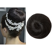 voordelige Chignons-zwarte knot haarstukken voor vrouwen meisjes dame trekkoord nep ballet bun extensions synthetische opgestoken donut chignon uit één stuk