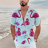 economico Uccelli &amp; Animali-Per uomo Floreale Fenicottero Tropicale Camicia Camicia hawaiana Camicia Aloha Manica corta Camicia Collo ripiegabile Tropicale Di tendenza Streetwear Informale Hawaiano Per eventi Blu-verde Nero