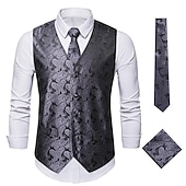 cheap Tops-Men&#039;s Vest Tie Set Paisley Floral Jacquard Necktie Pocket Square 3PCS Waistcoat Retro Vintage Rococo for Suit or Tuxedo Wedding Party Masquerade