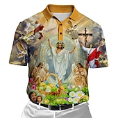 cheap Men&#039;s Printed Polo-Men&#039;s Graphic Prints Easter Jesus Polo Shirt Golf Shirt Short Sleeves Shirt Turndown Outdoor Street Yellow Pink Blue Green Print Button-Down Clothing Apparel Fashion Designer Casual Breathable