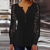 preiswerte Spitzenoberteile-Damen Spitzenhemd Bluse elegante Tops elegante Mode Basic einfarbig plissiert Patchwork Langarm normale Oberteile gekerbter Ausschnitt lässig täglich weiß rot Frühling Herbst
