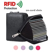 cheap Card Holders &amp; Cases-RFID 20 Card Slots Credit Card Holder Genuine Leather Small Card Case for Women or Men Accordion Wallet with Zipper
