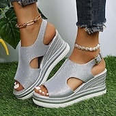 cheap Casual Sandals-Women&#039;s Glitter Wedge Sandals – Open-Toe Design with Cut-Out Details, Adjustable Strap, and Platform Sole, Perfect for Summer Parties and Casual Outings