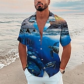 billige Ocean Print-Herre Landskap Tropisk Fisk Skjorte Hawaii skjorte Camp skjorte Kortermet Skjorte Aftæpning Mote Hawaiisk Designer utendørs Gate Avslappet Svart Navyblå Marineblå 3D-utskrift S M L