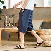 cheap Home-Men&#039;s Shorts Linen Shorts Summer Shorts Beach Shorts Capri Pants Drawstring Elastic Waist Plain Breathable Soft Calf-Length Casual Daily Holiday Linen / Cotton Blend Streetwear Hawaiian Black Blue
