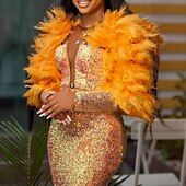 preiswerte ORANGE-Meerjungfrau Abendkleid Pailletten Kleid Karneval Bodenlang Lange Ärmel V-Ausschnitt mit Federn Kristallen Maskerade Kleid 2025