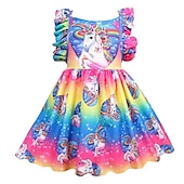 preiswerte 3D Einhorn Kleid-kinderkleidung Mädchen Kleid Karikatur Regenbogen Einhorn Kurzarm Leistung Casual Kostüm Süß Baumwolle Übers Knie Casual kleid A Linie Kleid Sommer Frühling 3-8 Jahre Blau