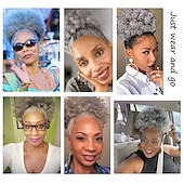 olcso Frufruk-ombre szürke afro puff húzózsinór lófarok természetes pergő göndör lófarok hajhosszabbítás fekete nőknek afro-amerikai rövid kócos lófarok zsinór
