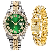 cheap Quartz Watches-Men&#039;s Quartz Watch with Chain Bracelet Set Fashion Luxury Bling Diamond Hiphop Analog Men Quartz Wristwatch Calendar Waterproof Men&#039;s Watch