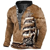 cheap Vintage&amp;Retro-Men&#039;s Graphic Ship Henley Shirt Tee Long Sleeve 3D Print Vintage Fashion Designer Outdoor Casual Daily Spring &amp;  Fall Blue Brown Green Gray Henley Henley T-Shirt