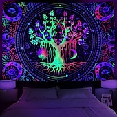 cheap Blacklight Tapestries-Blacklight Tapestry UV Reactive Glow in the Dark Glow Party Neon Tree of Life Mandala Psychedelic Trippy Misty Hanging Tapestry Wall Art Mural for Living Room Bedroom