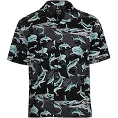 cheap Ocean Print-Men&#039;s Animal Shark Tropical Shirt Summer Hawaiian Shirt Camp Collar Shirt Short Sleeve Shirt Turndown Fashion Designer Casual Outdoor Street Casual Black Blue Dusty Blue 3D Print S M L