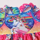 preiswerte 3D Einhorn Kleid-kinderkleidung Mädchen Kleid Karikatur Regenbogen Einhorn Kurzarm Leistung Casual Kostüm Süß Baumwolle Übers Knie Casual kleid A Linie Kleid Sommer Frühling 3-8 Jahre Blau