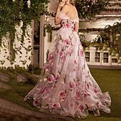 cheap Prom Dresses-A-Line Prom Dresses Floral Dress Formal Wedding Guest Sweep / Brush Train Sleeveless Off Shoulder Lace with Floral Print