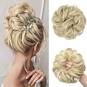 cheap Chignons-Messy Bun Large Scrunchies Wavy Curly Synthetic Silver Grey Ponytail Hair Extensions Thick Updo Hair Pieces for Women Girls Kids