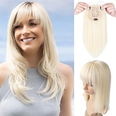 cheap Bangs-14 Hair Topper with Bangs Top Hairpieces Clip in Hair Extensions Straight Wiglet for Women with Thinning Hair