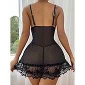 abordables Lencería-Lencería de mujer, babydoll de encaje transparente con tirantes ajustables, ropa de dormir seductora, ropa íntima con lazo rojo, conjuntos para el hogar