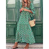 levne Dovolená šaty-dámské dlouhé šaty maxi šaty zelené 3/4 rukáv geometrický patchwork podzim podzim v výstřih volný střih 2023 s m l xl