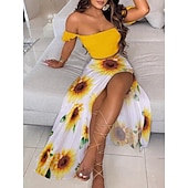 abordables Robes fleuries élégantes-robe longue femme maxi robe plume blanche points verts plume de paon sans manches couleur pure split printemps été épaule dénudée mode 2023 s m l xl xxl xxxl