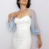 voordelige bruiloft gast wraps-Mesh Bolero Lange Puff Rimpelingen Mouw Doorzichtige Cover Up Shrug Tulle Bolero Bruids Organza Bruiloft Gast Mode Dames Wrap Zonbescherming All-Match Lente  Zomer jurk om indruk te maken