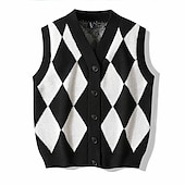 preiswerte Herren Strickjacke-Herren Pullunder Strickjacke Gerippt Stricken Taste Strick Geometrisch V Ausschnitt Moderne zeitgenössische Freizeitskleidung Ausgehen Bekleidung Ärmellos Herbst Winter Schwarz Blau M L XL