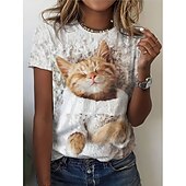 levne Tričko se zvířaty-dámské tričko basic cat print krátký rukáv běžné topy kulatý výstřih denní víkend bílá