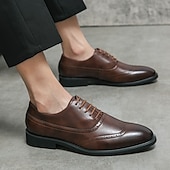 tanie Formalny-męskie klasyczne brązowe buty typu oxford z zapięciem na rzepy – skórzane buty typu brogsy na spotkania biznesowe, wesela i formalne imprezy