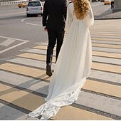 cheap Wedding Dresses-Beach Vintage Open Back 1940s / 1950s Wedding Dresses A-Line Scoop Neck Long Sleeve Chapel Train Chiffon Bridal Gowns With Solid Color 2023