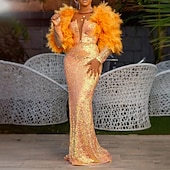 preiswerte ORANGE-Meerjungfrau Abendkleid Pailletten Kleid Karneval Bodenlang Lange Ärmel V-Ausschnitt mit Federn Kristallen Maskerade Kleid 2025