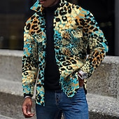 billiga skjortjacka för män-Herr Leopard Skjorta jacka Övertröja Långärmad Mode Streetwear Ledigt vardag Sport &amp; Utomhus Dagliga kläder Helgen Höst vinter Nedvikt Knappar Ficka Mönster Gul Blå Brun Grön