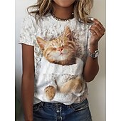 levne Tričko se zvířaty-dámské tričko basic cat print krátký rukáv běžné topy kulatý výstřih denní víkend bílá