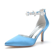ieftine Formal-tocuri de nuntă cu vârf ascuțit din satin argintiu pentru femei – curea la gleznă cu strass și toc mijlociu elegant