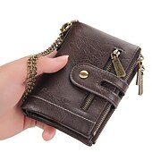 お買い得  カードホルダーとケース-カードホルダー男性用財布 ラグジュアリーデザイナーパース ショートジッパーコインパース マルチカードスロット三つ折り財布 チェーン付きカードホルダー