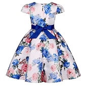 cheap Casual Dresses-Kids Girls' Dress Flower Dress Flower Short Sleeve Anniversary Party Tie Knot Bow Adorable Princess Sweet Polyester Knee-length Skater Dress Pleat Dress Floral Dress Summer Spring 4-13 Years