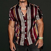 preiswerte Geometrische Muster-Herren Gestreift Geometrische Muster Hemd Kurzarm Modisch Designer Brautkleider schlicht Outdoor Täglich Sommer Kragen Bedruckt Button-Down Schwarz Rote Blau Purpur Grün
