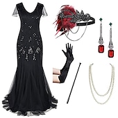 cheap Outfits-Flapper Dress The Great Gatsby 6 Pcs Retro Vintage Roaring 20s 1920s With Accessories Set Outfits Cocktail Dress Women&#039;s Sequins Costume Vintage Cosplay Party Evening Dress