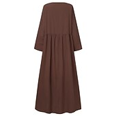 abordables concevoir des robes en coton et lin-Robe en coton et lin Robe casual Femme Robe longue maxi Lin Bohème Décontractées robe hiver du quotidien Vacances Col Ras du Cou Patchwork manche longue Eté Printemps Automne lin Ample Noir Blanche