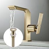 cheap Classical-Waterfall Bathroom Sink Mixer Faucet Brass, Single Handle Basin Taps One Hole Faucets with Hot and Cold Hose, Waterfall Spout Brass Bath Tap Chrome Black Gold Grey