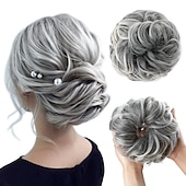 cheap Chignons-Messy Bun Large Scrunchies Wavy Curly Synthetic Silver Grey Ponytail Hair Extensions Thick Updo Hair Pieces for Women Girls Kids