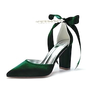 cheap Formal-Elegant Green Satin Ankle Strap Heels – Pointed Toe, Pearl Bow Detail, Block Heel Pumps for Women – Perfect for Weddings &amp; Parties
