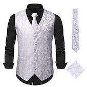 cheap Tops-Men&#039;s Vest Tie Set Paisley Floral Jacquard Necktie Pocket Square 3PCS Waistcoat Retro Vintage Rococo for Suit or Tuxedo Wedding Party Masquerade