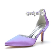 ieftine Formal-tocuri de nuntă cu vârf ascuțit din satin argintiu pentru femei – curea la gleznă cu strass și toc mijlociu elegant